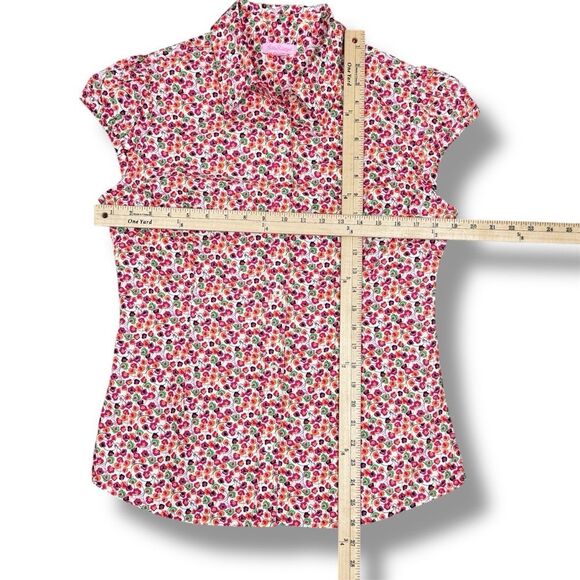 Lilly Pulitzer Floral Cap Sleeve Button Up Shirt White Pink 8 - Picture 11 of 12